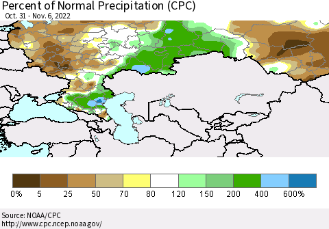 Russian Federation Percent of Normal Precipitation (CPC) Thematic Map For 10/31/2022 - 11/6/2022