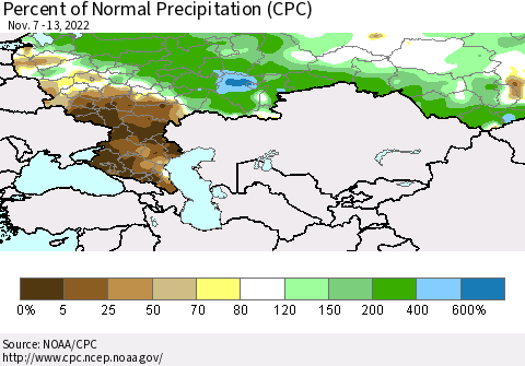 Russian Federation Percent of Normal Precipitation (CPC) Thematic Map For 11/7/2022 - 11/13/2022