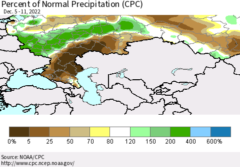 Russian Federation Percent of Normal Precipitation (CPC) Thematic Map For 12/5/2022 - 12/11/2022
