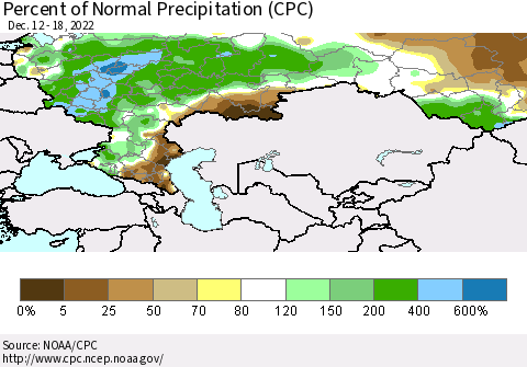 Russian Federation Percent of Normal Precipitation (CPC) Thematic Map For 12/12/2022 - 12/18/2022