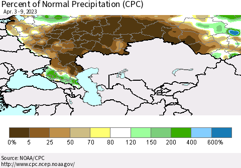 Russian Federation Percent of Normal Precipitation (CPC) Thematic Map For 4/3/2023 - 4/9/2023