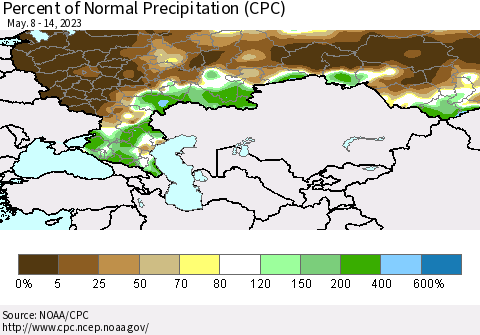 Russian Federation Percent of Normal Precipitation (CPC) Thematic Map For 5/8/2023 - 5/14/2023