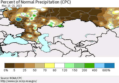 Russian Federation Percent of Normal Precipitation (CPC) Thematic Map For 5/15/2023 - 5/21/2023
