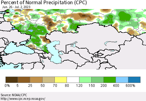 Russian Federation Percent of Normal Precipitation (CPC) Thematic Map For 6/26/2023 - 7/2/2023