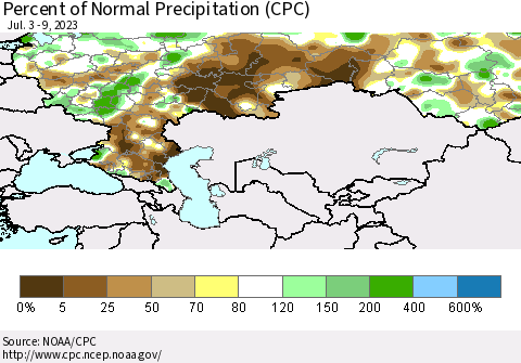 Russian Federation Percent of Normal Precipitation (CPC) Thematic Map For 7/3/2023 - 7/9/2023