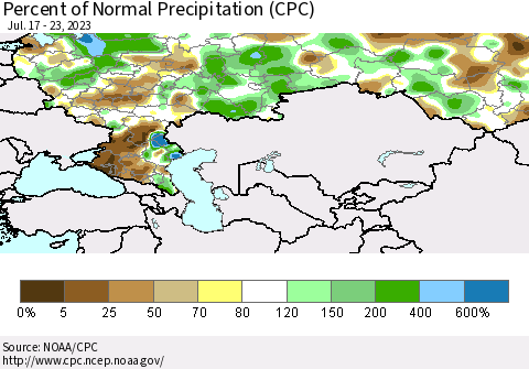 Russian Federation Percent of Normal Precipitation (CPC) Thematic Map For 7/17/2023 - 7/23/2023