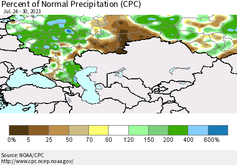 Russian Federation Percent of Normal Precipitation (CPC) Thematic Map For 7/24/2023 - 7/30/2023