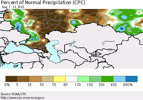 Russian Federation Percent of Normal Precipitation (CPC) Thematic Map For 8/7/2023 - 8/13/2023