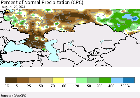 Russian Federation Percent of Normal Precipitation (CPC) Thematic Map For 8/14/2023 - 8/20/2023