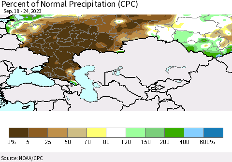 Russian Federation Percent of Normal Precipitation (CPC) Thematic Map For 9/18/2023 - 9/24/2023