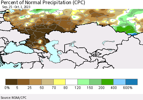 Russian Federation Percent of Normal Precipitation (CPC) Thematic Map For 9/25/2023 - 10/1/2023