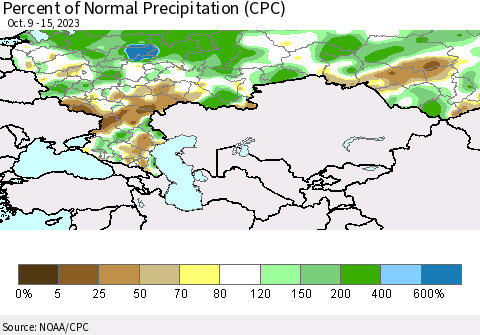 Russian Federation Percent of Normal Precipitation (CPC) Thematic Map For 10/9/2023 - 10/15/2023