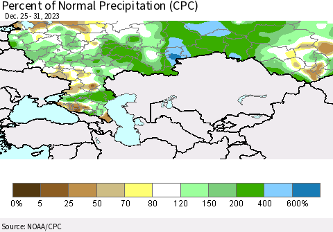 Russian Federation Percent of Normal Precipitation (CPC) Thematic Map For 12/25/2023 - 12/31/2023