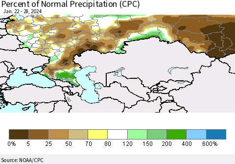 Russian Federation Percent of Normal Precipitation (CPC) Thematic Map For 1/22/2024 - 1/28/2024