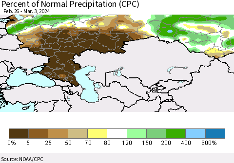 Russian Federation Percent of Normal Precipitation (CPC) Thematic Map For 2/26/2024 - 3/3/2024