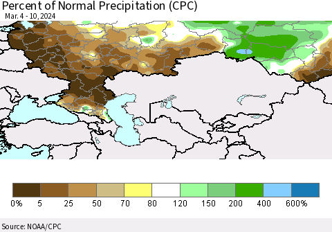 Russian Federation Percent of Normal Precipitation (CPC) Thematic Map For 3/4/2024 - 3/10/2024