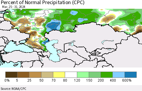 Russian Federation Percent of Normal Precipitation (CPC) Thematic Map For 3/25/2024 - 3/31/2024