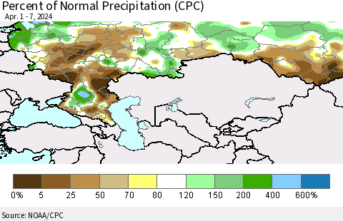 Russian Federation Percent of Normal Precipitation (CPC) Thematic Map For 4/1/2024 - 4/7/2024