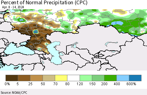 Russian Federation Percent of Normal Precipitation (CPC) Thematic Map For 4/8/2024 - 4/14/2024