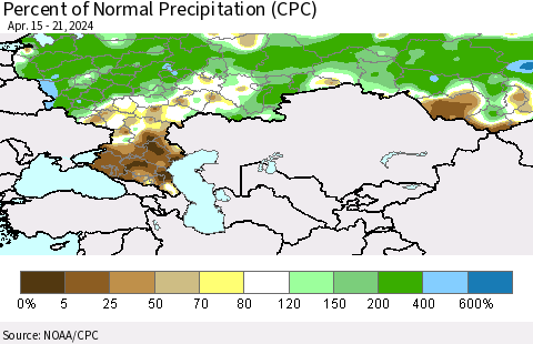 Russian Federation Percent of Normal Precipitation (CPC) Thematic Map For 4/15/2024 - 4/21/2024