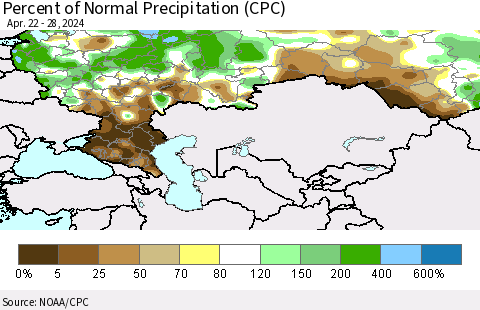 Russian Federation Percent of Normal Precipitation (CPC) Thematic Map For 4/22/2024 - 4/28/2024