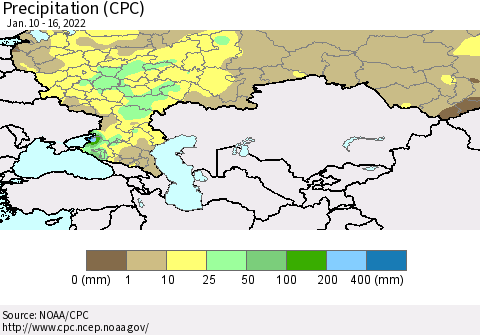 Russian Federation Precipitation (CPC) Thematic Map For 1/10/2022 - 1/16/2022