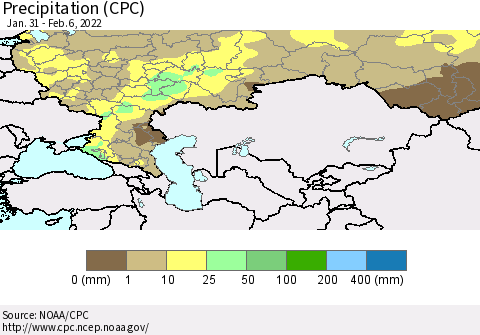 Russian Federation Precipitation (CPC) Thematic Map For 1/31/2022 - 2/6/2022