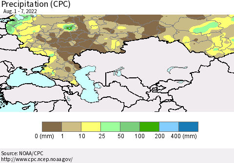 Russian Federation Precipitation (CPC) Thematic Map For 8/1/2022 - 8/7/2022