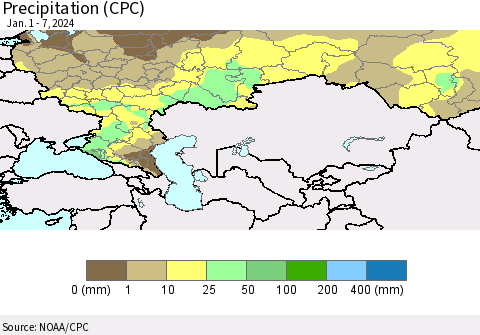 Russian Federation Precipitation (CPC) Thematic Map For 1/1/2024 - 1/7/2024