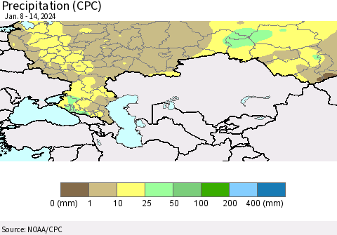 Russian Federation Precipitation (CPC) Thematic Map For 1/8/2024 - 1/14/2024