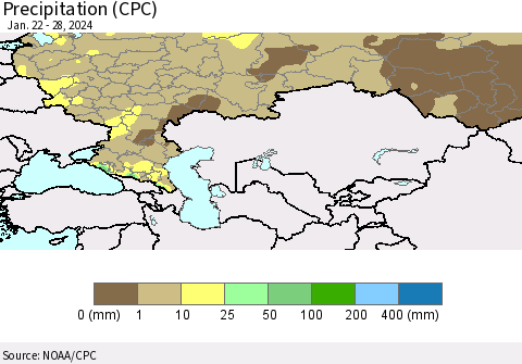 Russian Federation Precipitation (CPC) Thematic Map For 1/22/2024 - 1/28/2024