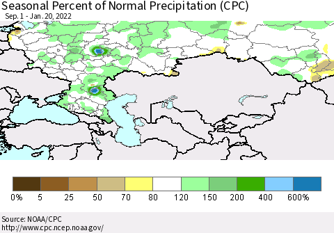 Russian Federation Seasonal Percent of Normal Precipitation (CPC) Thematic Map For 9/1/2021 - 1/20/2022