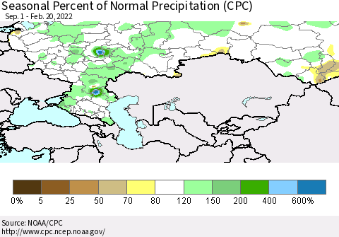Russian Federation Seasonal Percent of Normal Precipitation (CPC) Thematic Map For 9/1/2021 - 2/20/2022