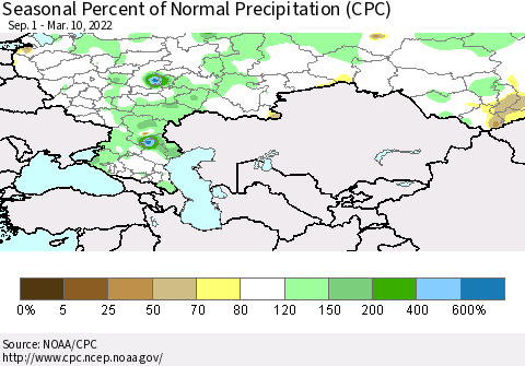 Russian Federation Seasonal Percent of Normal Precipitation (CPC) Thematic Map For 9/1/2021 - 3/10/2022
