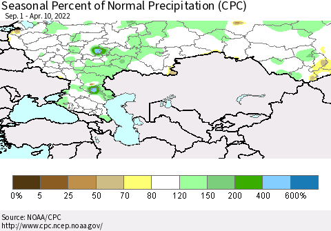 Russian Federation Seasonal Percent of Normal Precipitation (CPC) Thematic Map For 9/1/2021 - 4/10/2022