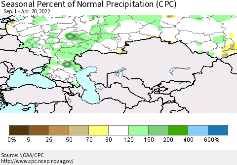 Russian Federation Seasonal Percent of Normal Precipitation (CPC) Thematic Map For 9/1/2021 - 4/20/2022