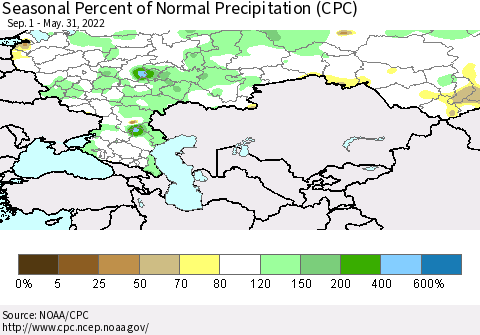 Russian Federation Seasonal Percent of Normal Precipitation (CPC) Thematic Map For 9/1/2021 - 5/31/2022