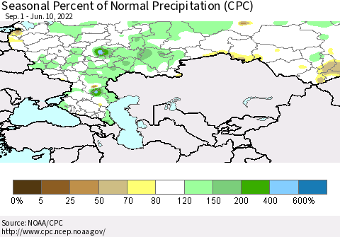 Russian Federation Seasonal Percent of Normal Precipitation (CPC) Thematic Map For 9/1/2021 - 6/10/2022