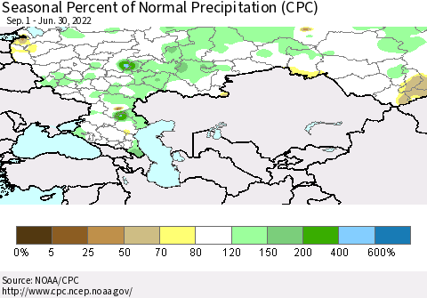 Russian Federation Seasonal Percent of Normal Precipitation (CPC) Thematic Map For 9/1/2021 - 6/30/2022
