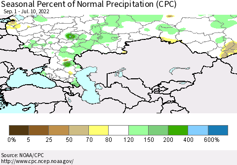 Russian Federation Seasonal Percent of Normal Precipitation (CPC) Thematic Map For 9/1/2021 - 7/10/2022