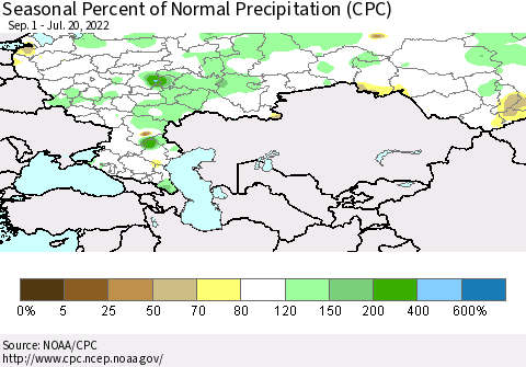 Russian Federation Seasonal Percent of Normal Precipitation (CPC) Thematic Map For 9/1/2021 - 7/20/2022