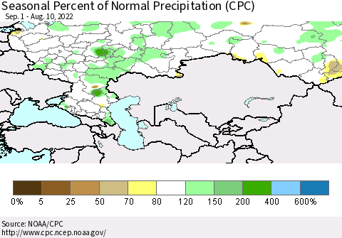 Russian Federation Seasonal Percent of Normal Precipitation (CPC) Thematic Map For 9/1/2021 - 8/10/2022