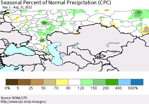 Russian Federation Seasonal Percent of Normal Precipitation (CPC) Thematic Map For 9/1/2021 - 8/31/2022