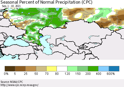 Russian Federation Seasonal Percent of Normal Precipitation (CPC) Thematic Map For 9/1/2021 - 9/10/2021
