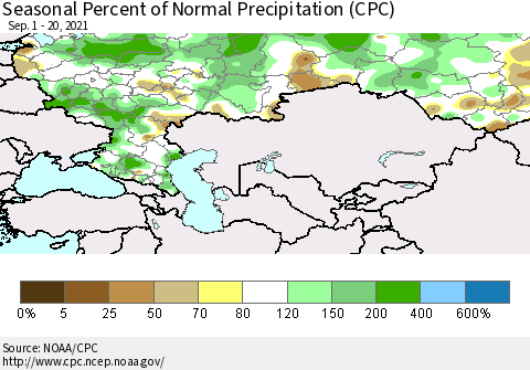 Russian Federation Seasonal Percent of Normal Precipitation (CPC) Thematic Map For 9/1/2021 - 9/20/2021