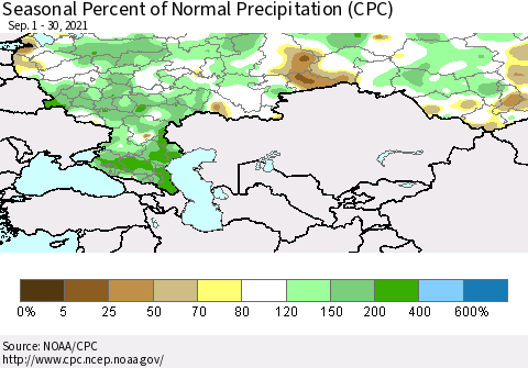 Russian Federation Seasonal Percent of Normal Precipitation (CPC) Thematic Map For 9/1/2021 - 9/30/2021
