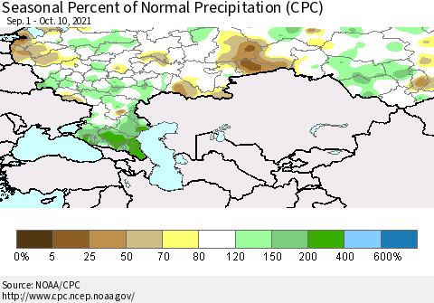 Russian Federation Seasonal Percent of Normal Precipitation (CPC) Thematic Map For 9/1/2021 - 10/10/2021