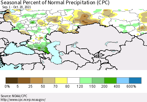 Russian Federation Seasonal Percent of Normal Precipitation (CPC) Thematic Map For 9/1/2021 - 10/20/2021