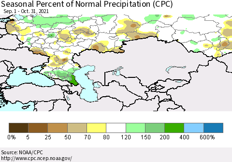 Russian Federation Seasonal Percent of Normal Precipitation (CPC) Thematic Map For 9/1/2021 - 10/31/2021