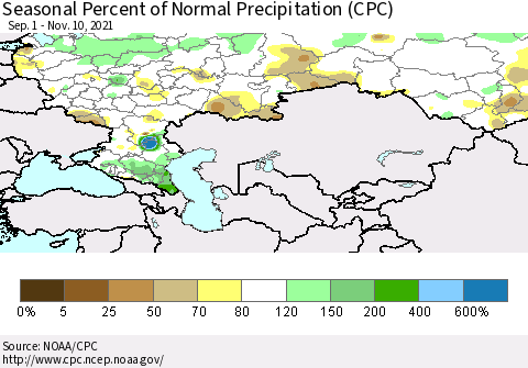 Russian Federation Seasonal Percent of Normal Precipitation (CPC) Thematic Map For 9/1/2021 - 11/10/2021